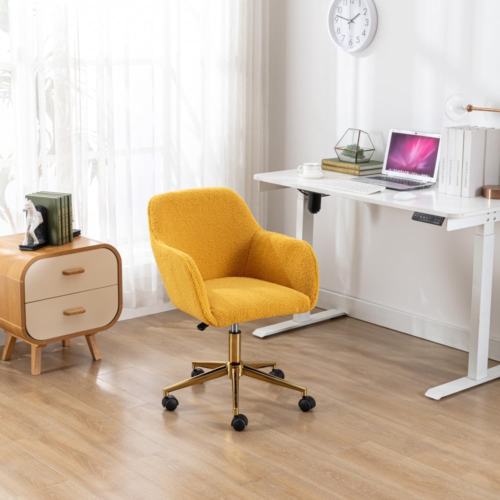 Plush Teddy Fabric Ergonomic Office Chair with Adjustable Height, 360-Degree Swivel Base, and Smooth-Rolling Casters for Home or Workspace (Yellow Teddy + Upholstered + Foam)