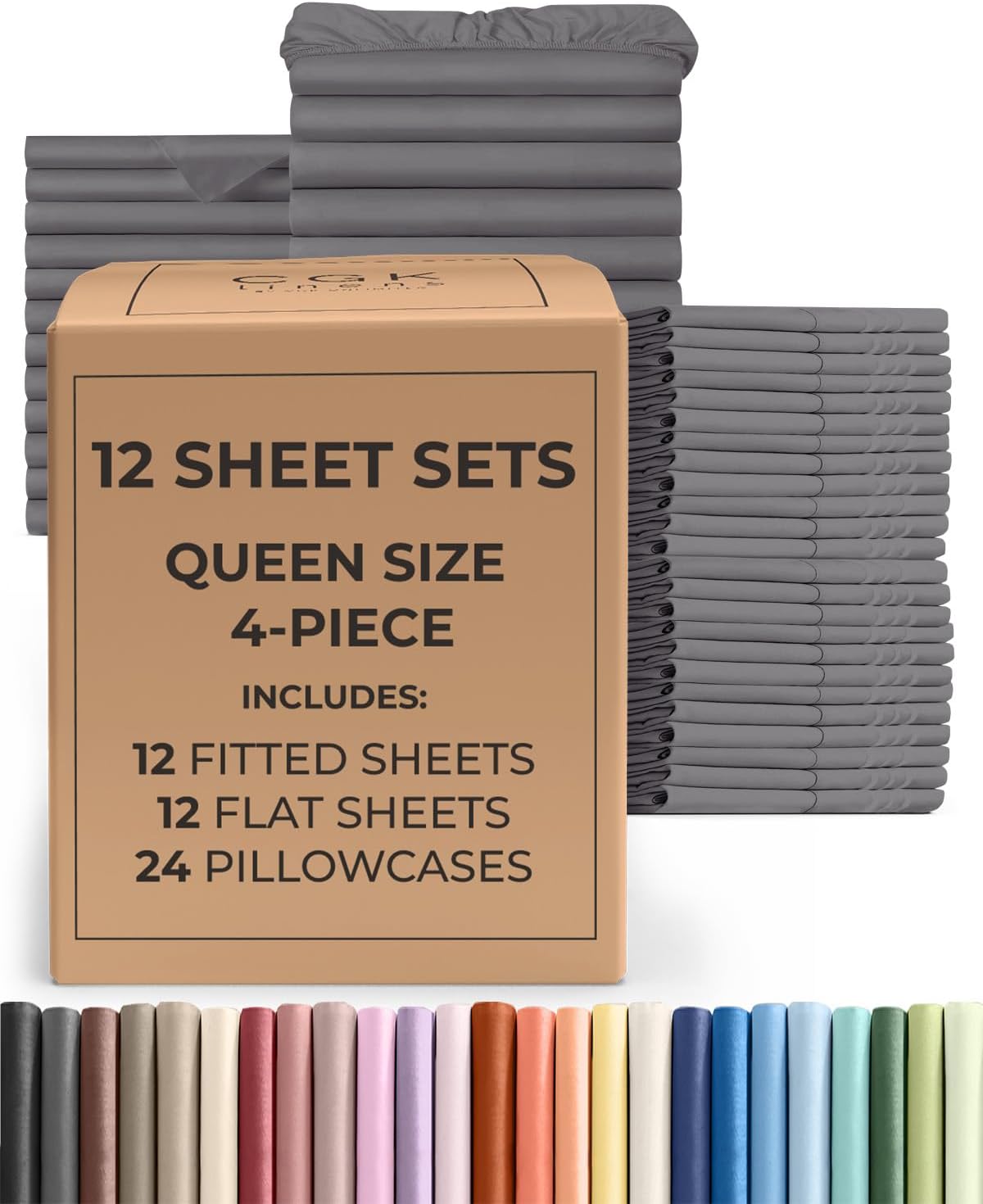 Bulk Case Pack of 12 Sheet Sets - (12) Complete Sheet Sets - Bulk Queen Bedding - Wholesale Case Pack for Hotels, Spa & Airbnbs - Deep Pocket & Wrinkle Free - Cooling & Breathable - Queen, Dark Grey