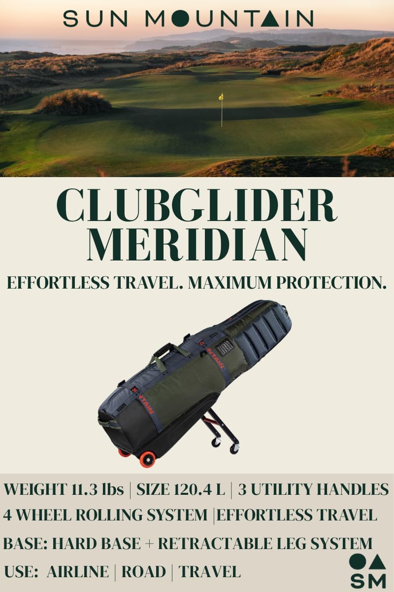Sun Mountain ClubGlider Meridian Golf Travel Bag, 4-Wheel Rolling Retractable-Leg System, Effortless Travel