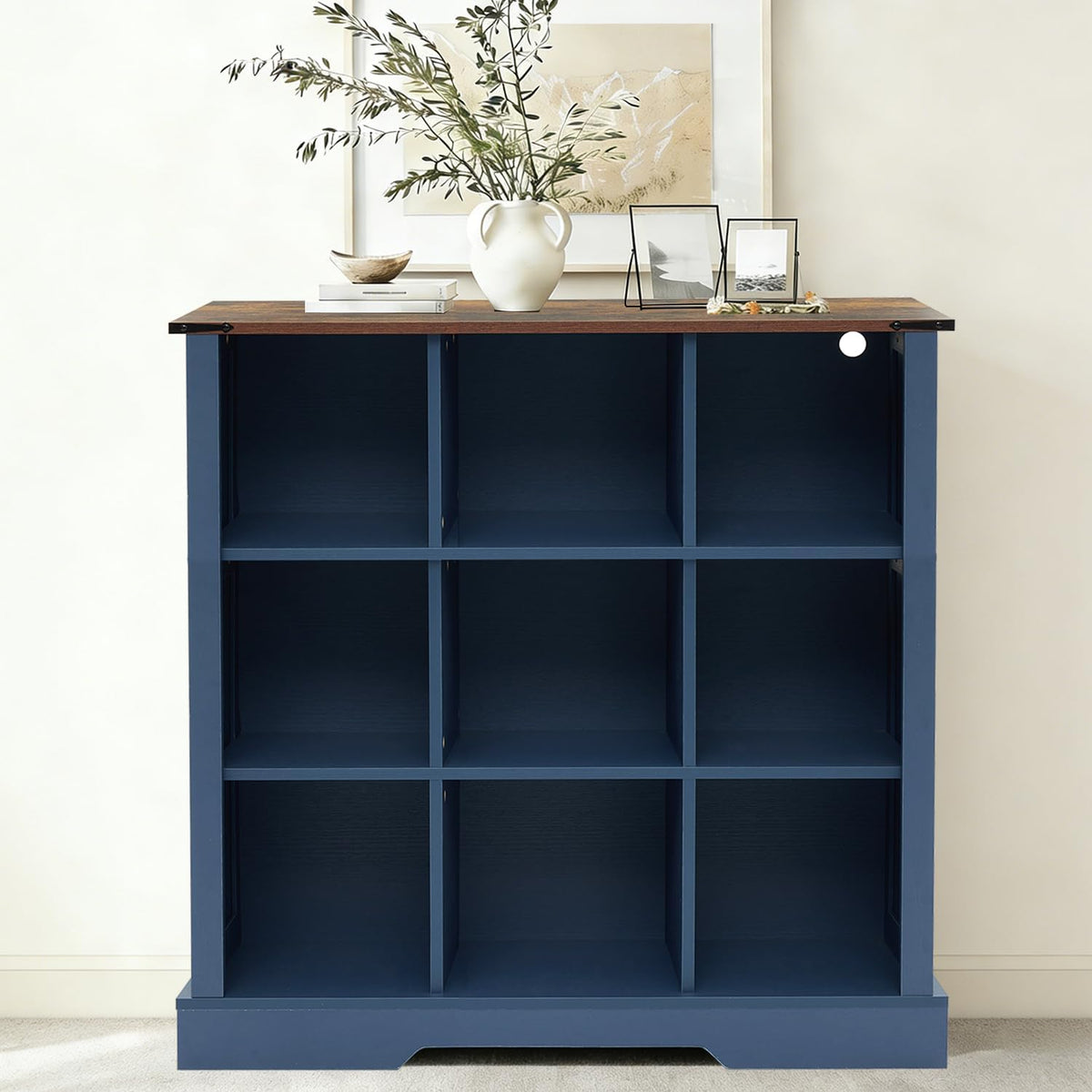 9 Cube Storage Organizer, 3 Tier Book Shelf with Led Lights, Farmhouse Book Shelves for Living Room, Horizontal Toy Storage Bookshelf, Wood Display Bookcase Cabinet for Bedroom, Office, Blue