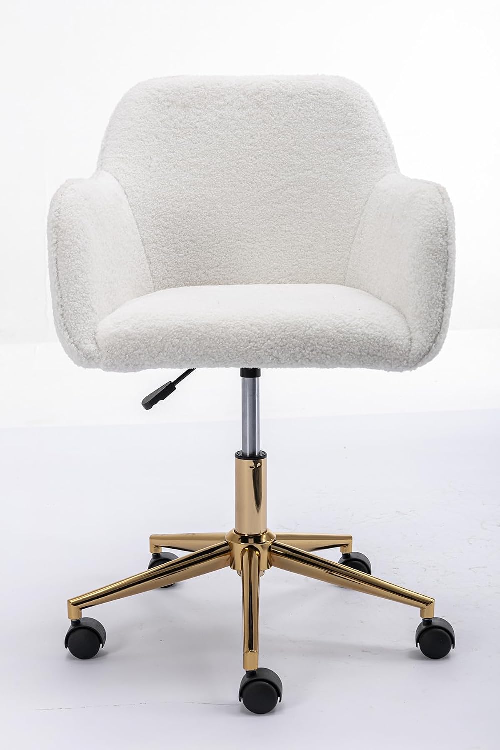 White Teddy Fabric Home Office Chair - Adjustable Height 360° Revolving, Gold Metal Legs & Universal Wheels