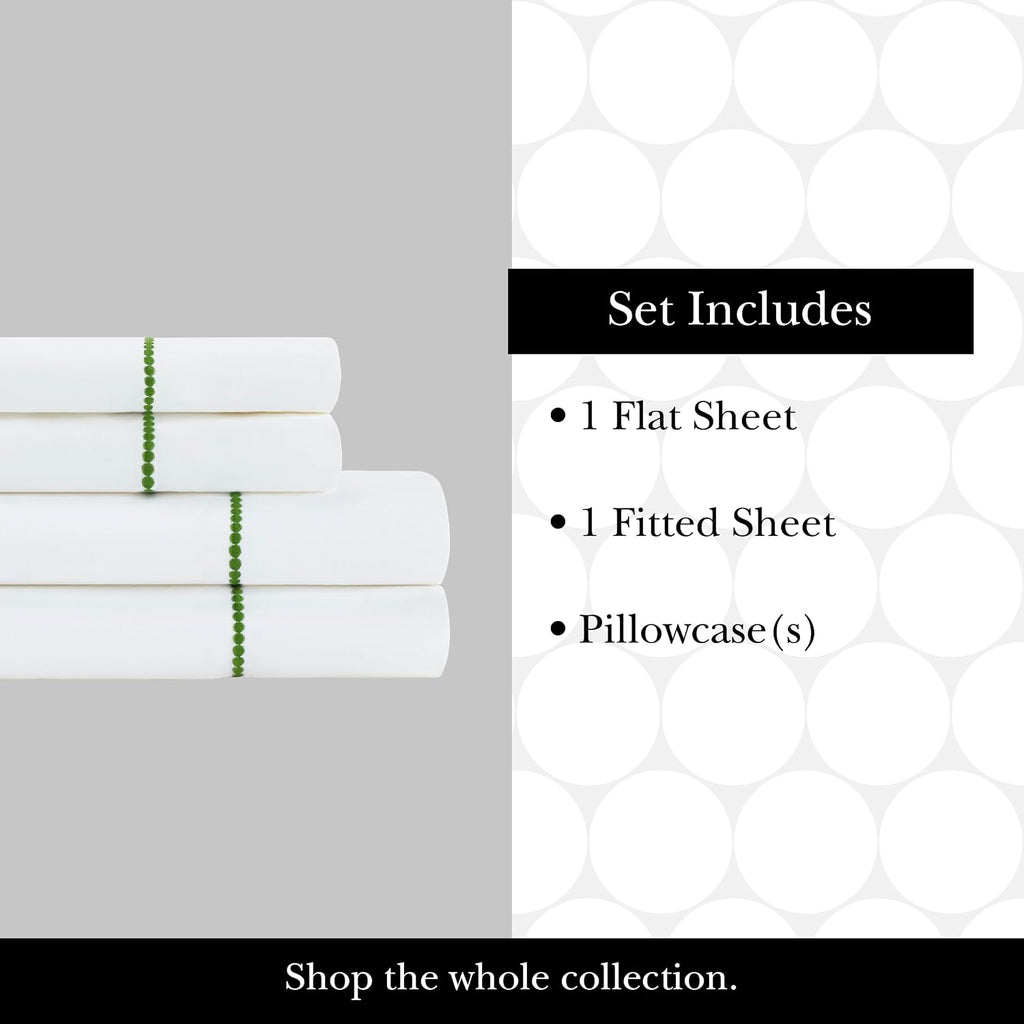 kate spade new york Dot Queen Sheet Set, 300 Thread Count and 100% Cotton, All Season 4 Piece Bedding Set, Machine Washable, White and Green