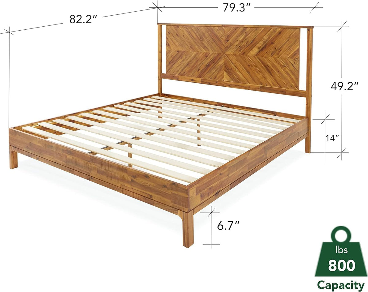 Bme Vivian 14 Inch Deluxe Bed Frame with Headboard, Rustic & Scandinavian Style with Solid Acacia Wood, No Box Spring Needed, 12 Strong Wood Slat Support, Easy Assembly, King, Rustic Golden Brown