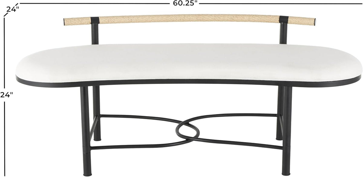 Deco 79 Metal Abstract Home Bench Upholstered Oval Entryway Bench with Black Metal Frame and Rope Rod Backrest, Bedroom Bench 60' x 23' x 24', White