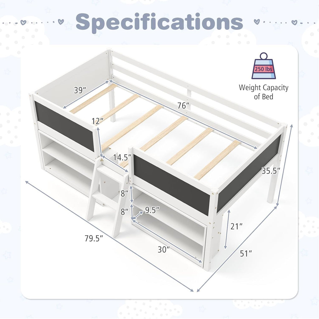 Giantex Low Loft Bed Twin Size, Wooden Loft Bed with Ladder & Blackboard, Twin Bed Frames for Kids with Storage 2 Bookcases and Play Space, White