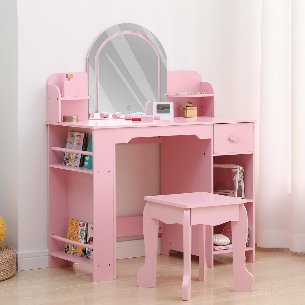 Garvee Kids Vanity with Lighted Mirror & Stool, Little Girls Vanity and Wooden Makeup Playset with Adjustable LED Light, Bookshelf, Storage Drawer & Shelves for Girls 3-9, Pink