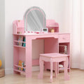 Garvee Kids Vanity with Lighted Mirror & Stool, Little Girls Vanity and Wooden Makeup Playset with Adjustable LED Light, Bookshelf, Storage Drawer & Shelves for Girls 3-9, Pink