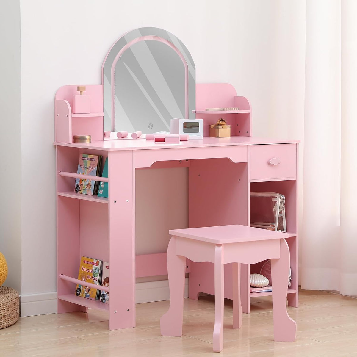 Garvee Kids Vanity with Lighted Mirror & Stool, Little Girls Vanity and Wooden Makeup Playset with Adjustable LED Light, Bookshelf, Storage Drawer & Shelves for Girls 3-9, Pink