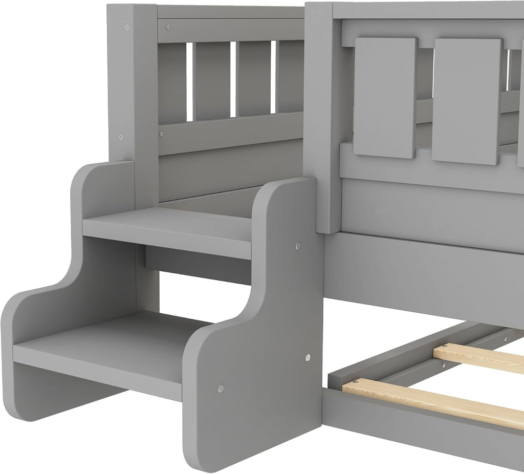 Bellemave Full Bed with Trundle and Stairs, Full Size Platform Bed Frame with Fence and Bookshelf, Easy Assemble Beds for Kids, Girls, Boys, Gray