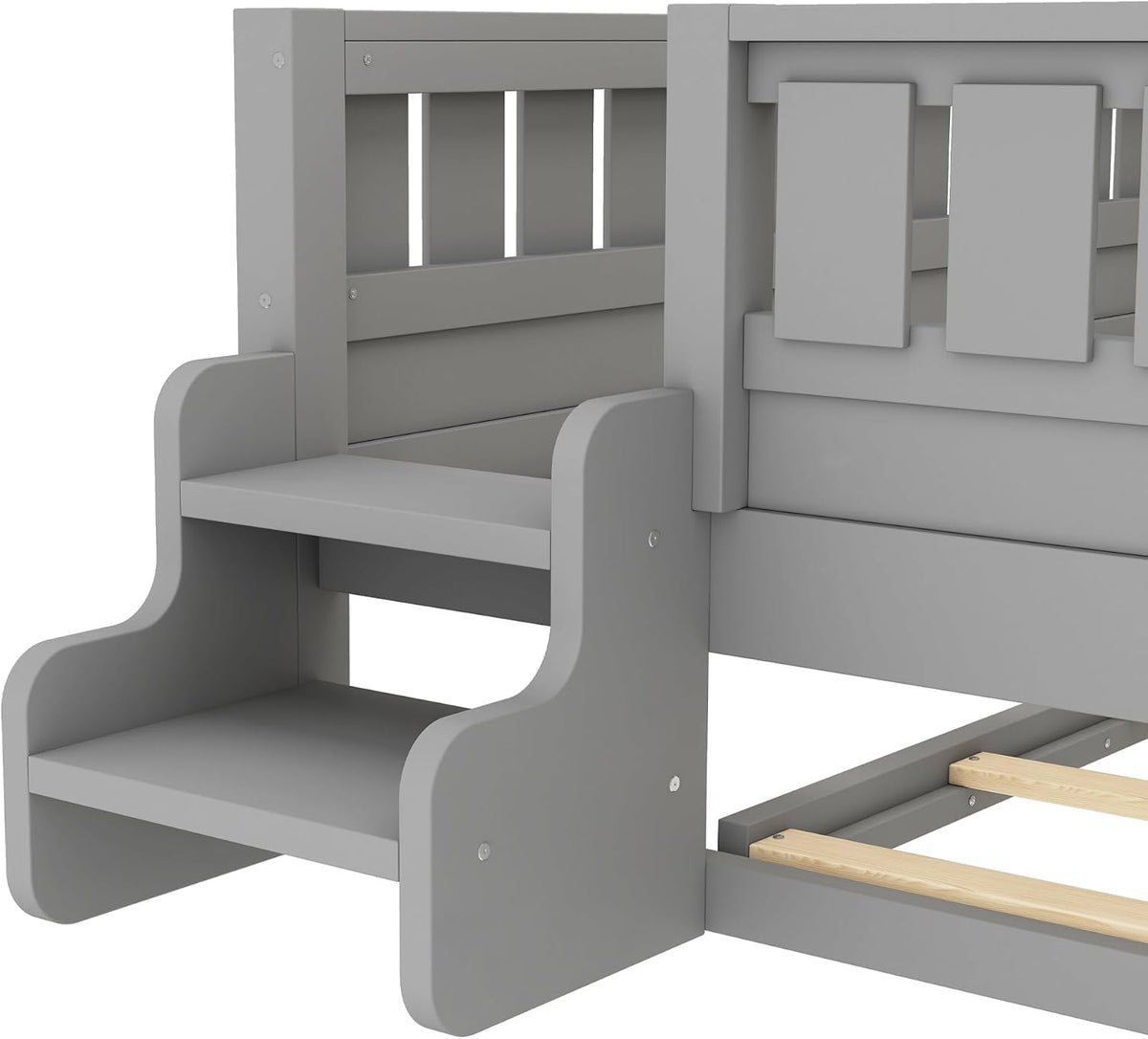 Bellemave Full Bed with Trundle and Stairs, Full Size Platform Bed Frame with Fence and Bookshelf, Easy Assemble Beds for Kids, Girls, Boys, Gray