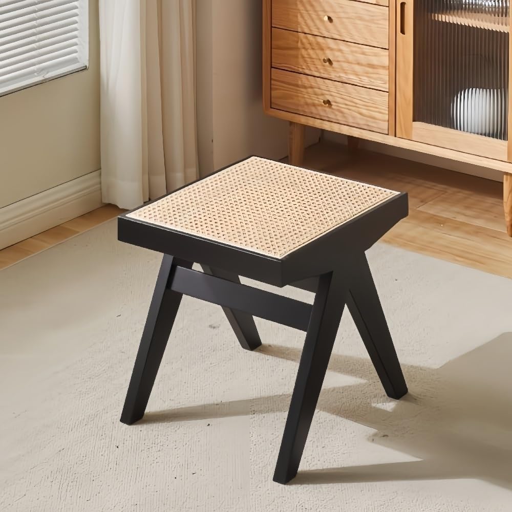 Stool with Rattan Entryway Shoe Bench Vanity Stools Dressing Stool Small Sitting for Living Room Lightweight(Black)