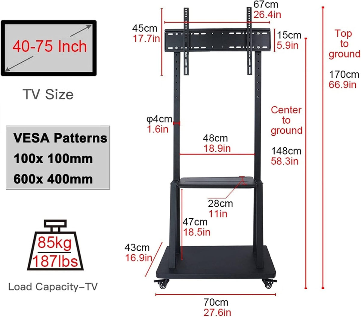 Heavy Duty Universal Floor TV Stand - Mobile TV Cart with Wheels and Storage, for 40 to 75 Inch TV LCD Led Plasma Flat Panel Screen, Black Beautiful Scenery