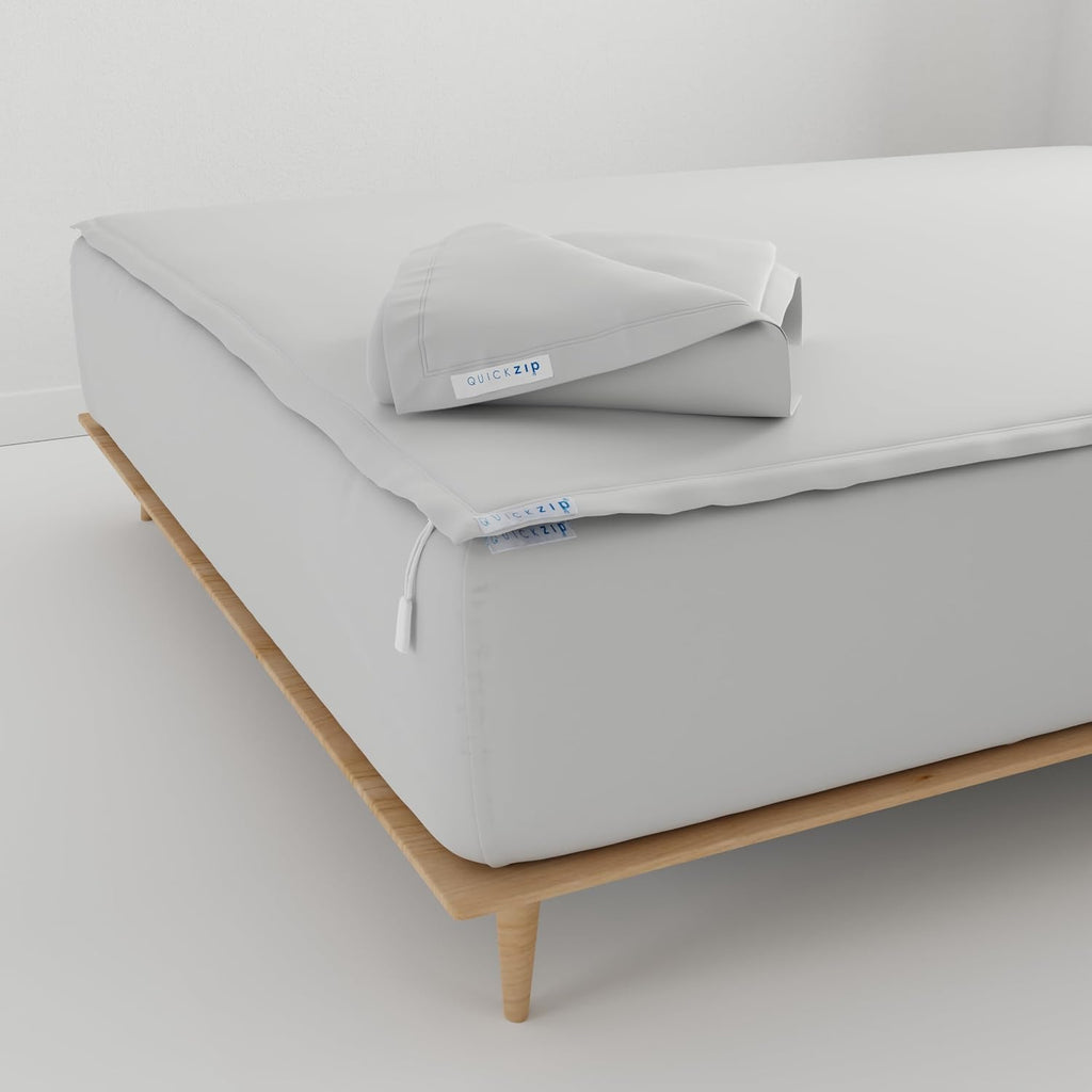 QuickZip Fitted Plus Spare Bundle: 1 Fitted Sheet (Base + Zip Sheet) & 1 Zip Sheet - Easy to Change, Won't Pop Off - Soft Percale 400 TC 100% Cotton - 16' Deep Pockets Queen Size – Misty Gray