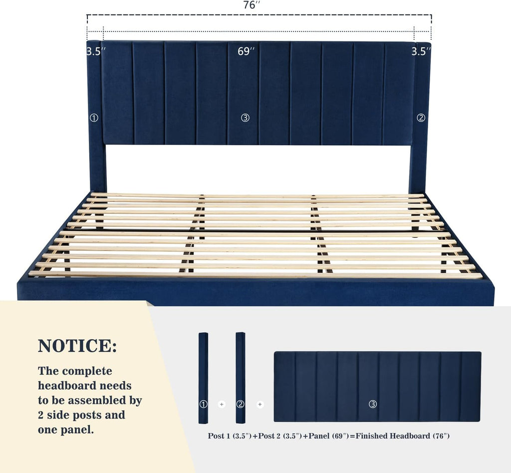 Allewie King Platform Bed Frame/Velvet Upholstered Bed Frame with Vertical Channel Tufted Headboard/Strong Wooden Slats/Mattress Foundation/Box Spring Optional/Easy Assembly/Navy Blue