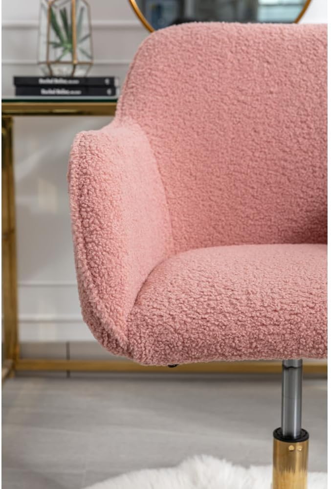 Plush Teddy Fabric Ergonomic Office Chair with Adjustable Height, 360-Degree Swivel Base, and Smooth-Rolling Casters for Home or Workspace (Pink + Teddy + Foam)
