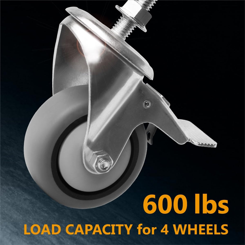 POWERTEC 17201-Case4 3' Heavy Duty Threaded Stem Swivel Caster Wheels with 600 lbs Total Loads, Dual Locking Industrial Castor Wheels for Workbench, Dolly, Cart & Furniture, (Pack of 16)