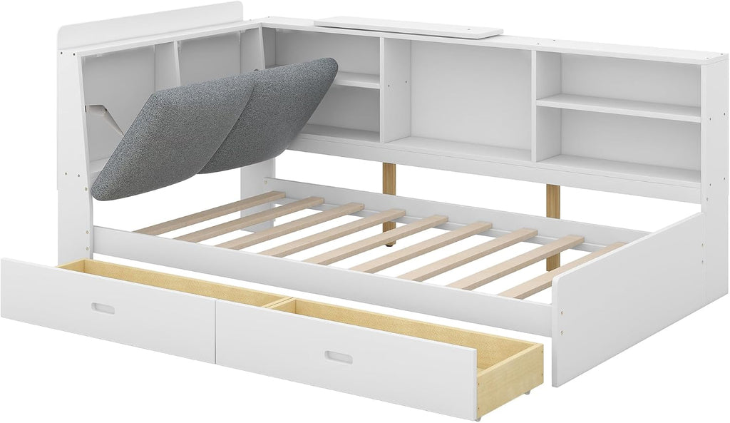Merax Corner Twin Bed Frame, Wood Platform Bed with Storage Headboard, Twin Size Daybed with 2 Drawers and Rotatable Storage Board for Living Room,Bedroom,Guest Room,White