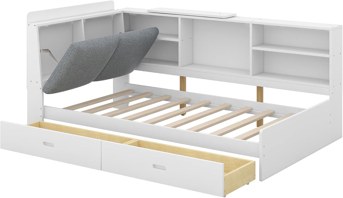 Merax Corner Twin Bed Frame, Wood Platform Bed with Storage Headboard, Twin Size Daybed with 2 Drawers and Rotatable Storage Board for Living Room,Bedroom,Guest Room,White