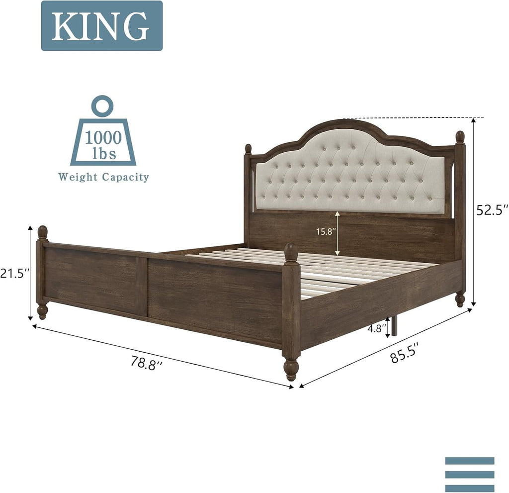 LUXOAK Wooden Bed Frame with Upholstered Headboard, King Size Sturdy Rubberwood Platform Bed with Tufted Linen, No Box Spring Needed, Easy Assembly, Walnut