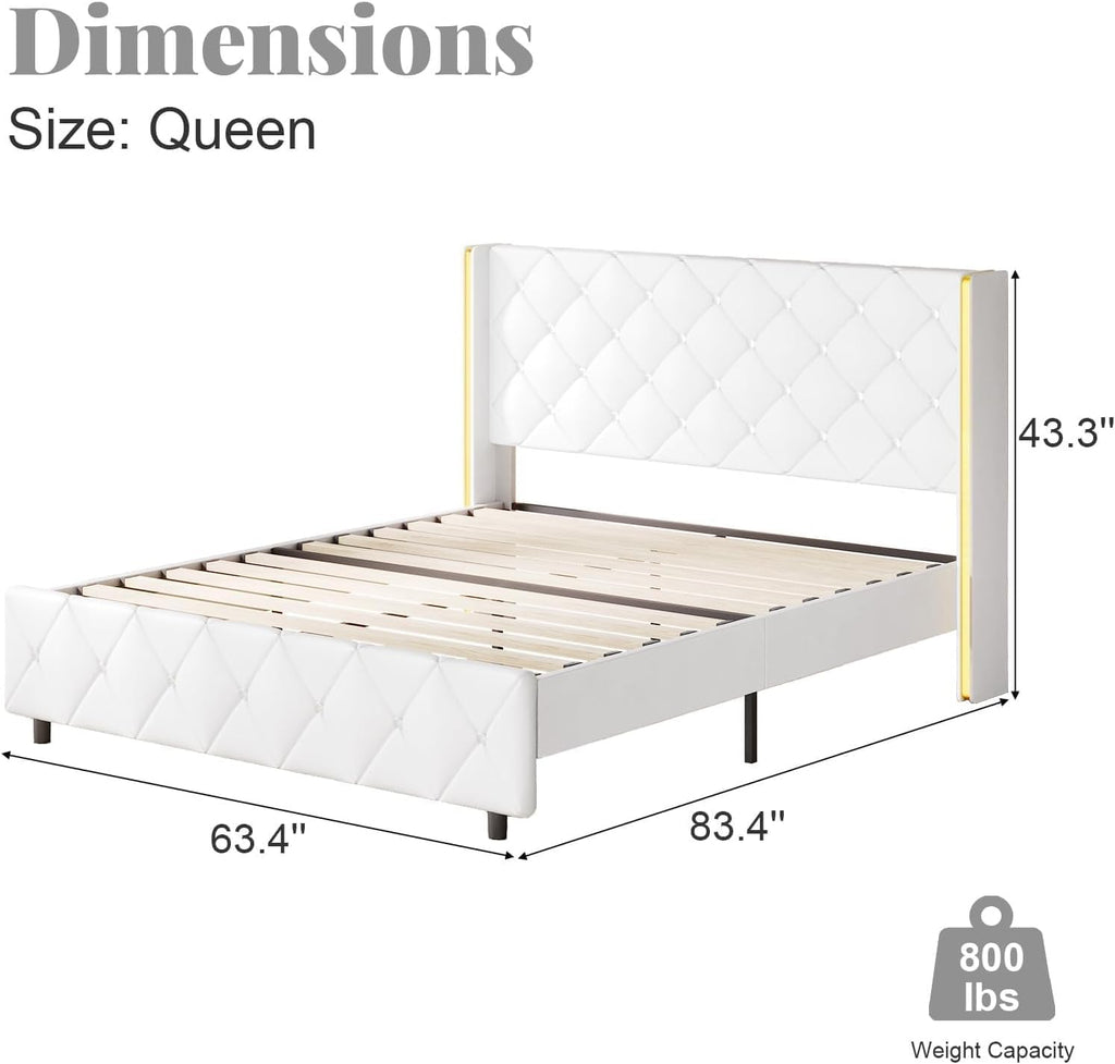 Queen Bed Frame with Headboard, Upholstered Bed Frame Queen Size with Diamond Tufted Wingback Headboard, Faux Leather, 800lbs Heavy Duty Support, Gold Metal Edge Accents, No Box Spring Needed, White