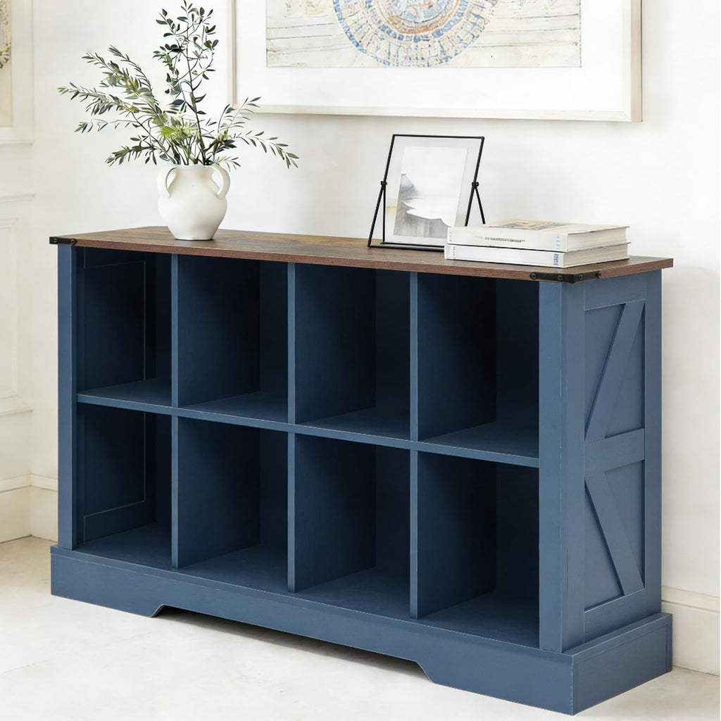 8 Cube Storage Organizer, 2 Tier Book Shelf with Led Lights, Farmhouse Book Shelves for Living Room, Horizontal Toy Storage Bookshelf, Wood Display Bookcase Cabinet for Bedroom, Office, Blue