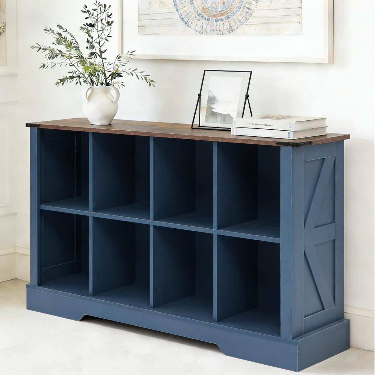 8 Cube Storage Organizer, 2 Tier Book Shelf with Led Lights, Farmhouse Book Shelves for Living Room, Horizontal Toy Storage Bookshelf, Wood Display Bookcase Cabinet for Bedroom, Office, Blue