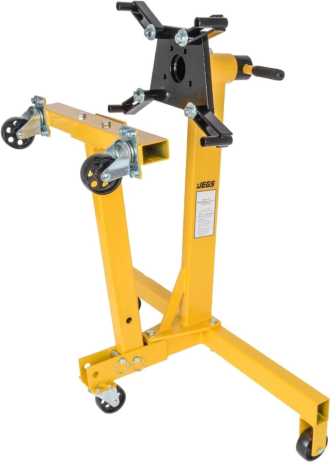 JEGS Folding Engine Stand | Yellow Finish | 1250 LBS Capacity | 360 Degree Adjustable Mounting Head | 5 Ball-Bearing Swivel Caster Wheels | Heavy-Duty Square Steel Frame