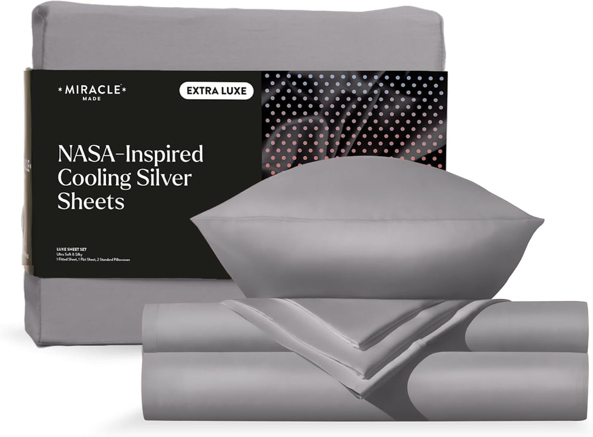 Miracle Made Extra Luxe Soft, Cool-to-the-Touch Cotton Bed Sheet Set, 4-Piece – Silver-Treated, Breathable, Lightweight Bedding – Full Size, Silver Grey
