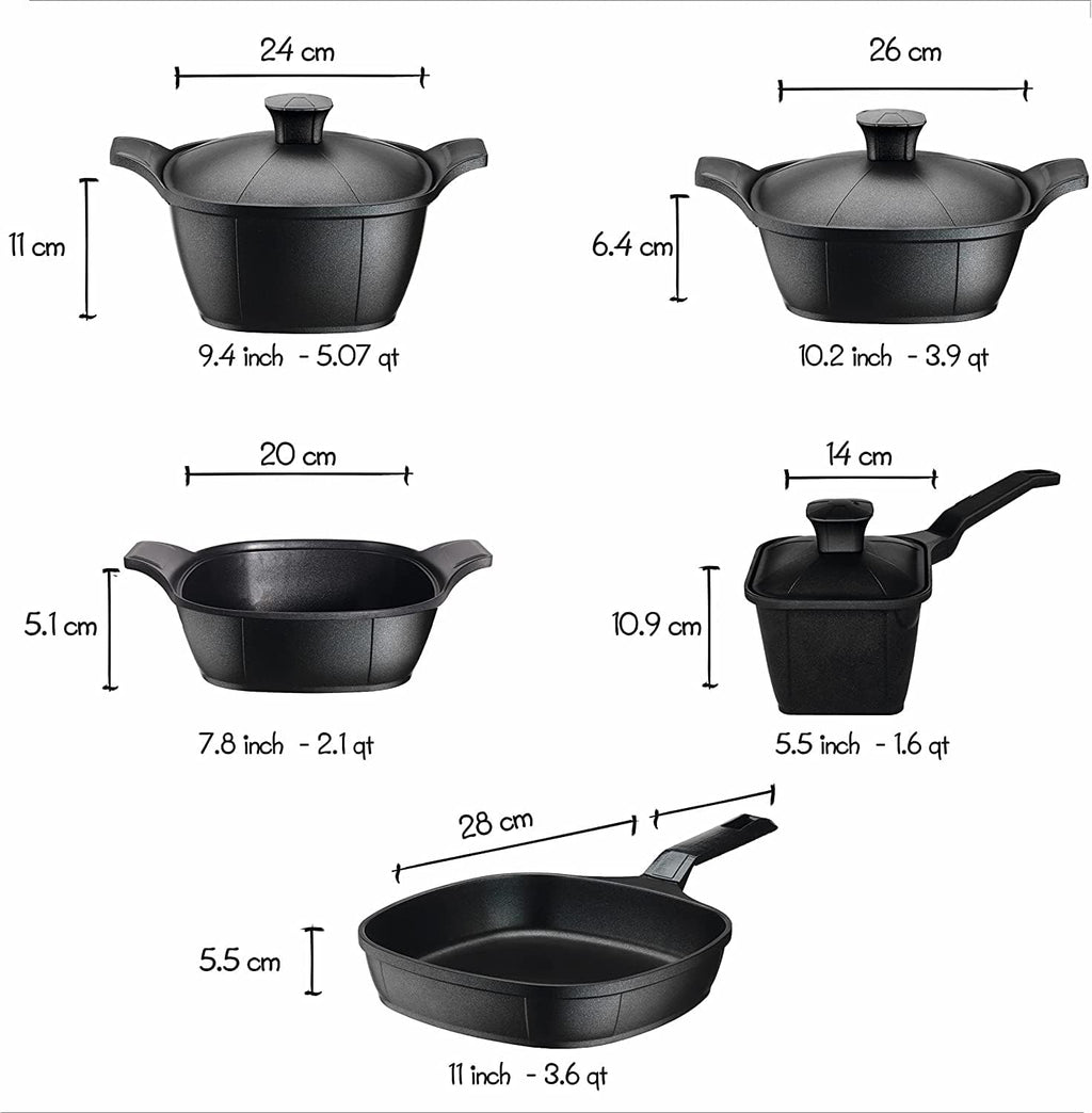 (Matrix) Luxury Cast Aluminum 11-Piece Cookware Set – Pans, Pots, Saucepan, Saucier, Baking Tray & Silicone Handles – Premium Nonstick, All Stovetops Compatible (Induction) Ceramic Black
