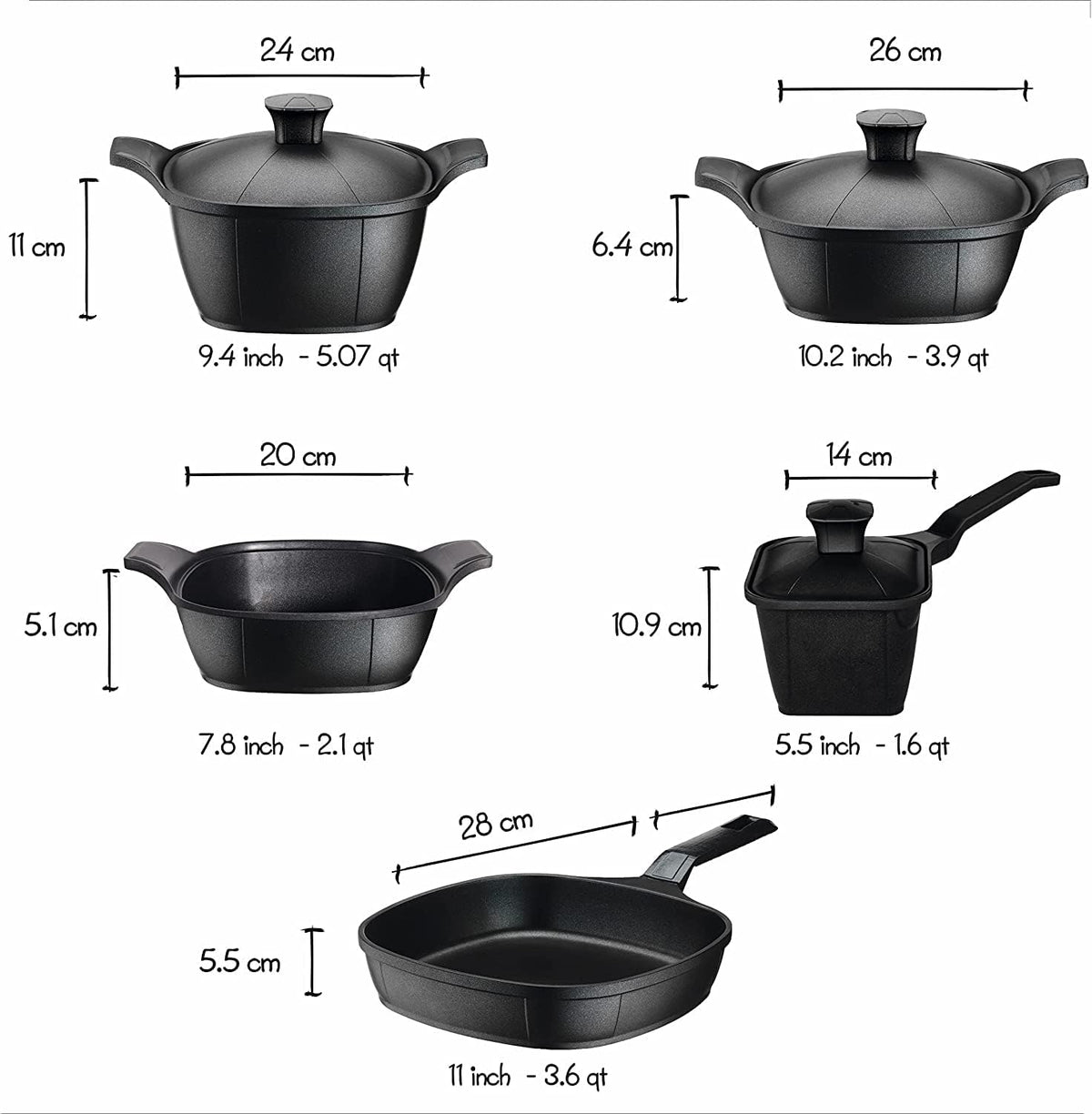 (Matrix) Luxury Cast Aluminum 11-Piece Cookware Set – Pans, Pots, Saucepan, Saucier, Baking Tray & Silicone Handles – Premium Nonstick, All Stovetops Compatible (Induction) Ceramic Black