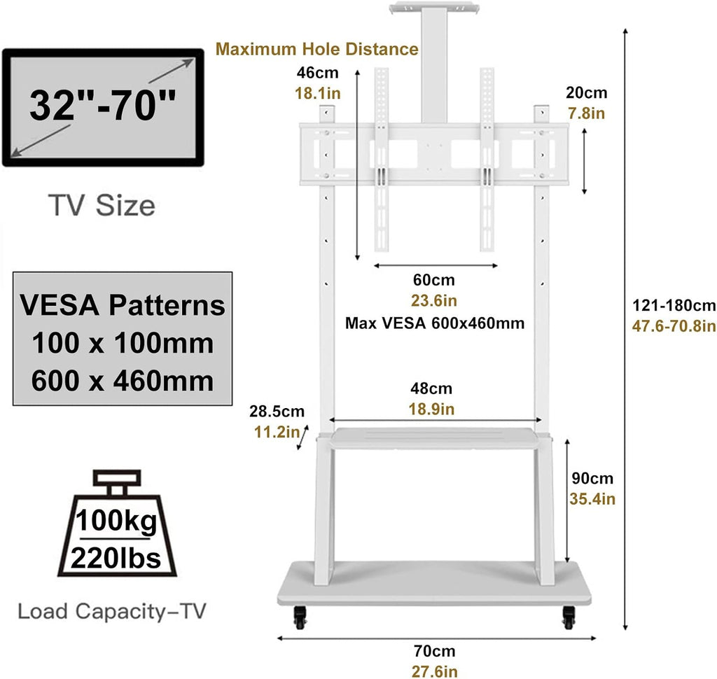 White Tall Floor TV Stand for 32 43 50 55 65 70 Inch TV, Universal Mobile TV Cart for Living Room Bedroom, Heavy Duty Rolling TV Stand on Locking Wheels Beautiful Scenery