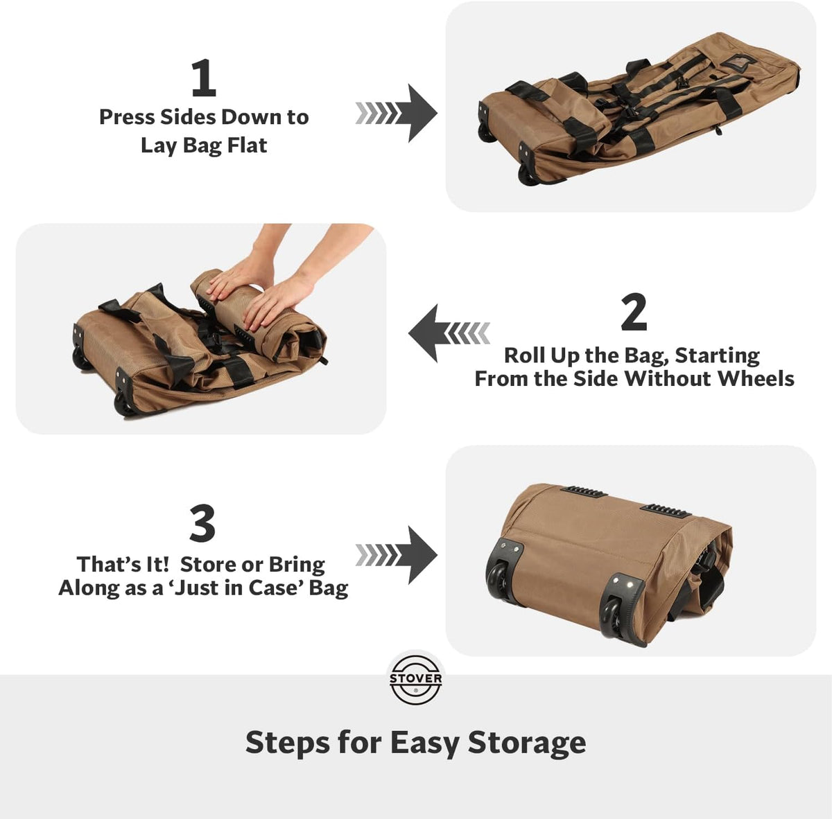 STOVER 45/80/100L Rolling Duffel Bag with Wheels, Large Durable Travel Duffle + Toiletry Bag, Heavy Duty, Packable, Foldable with Shoulder Straps- Use as Luggage or Backpack, Men/Women (Tan)