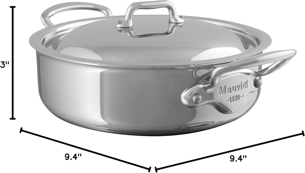 Mauviel M'Cook 5-Ply Polished Stainless Steel Rondeau/Braiser Pan With Lid, And Cast Stainless Steel Handles, 3.2-qt, Made In France