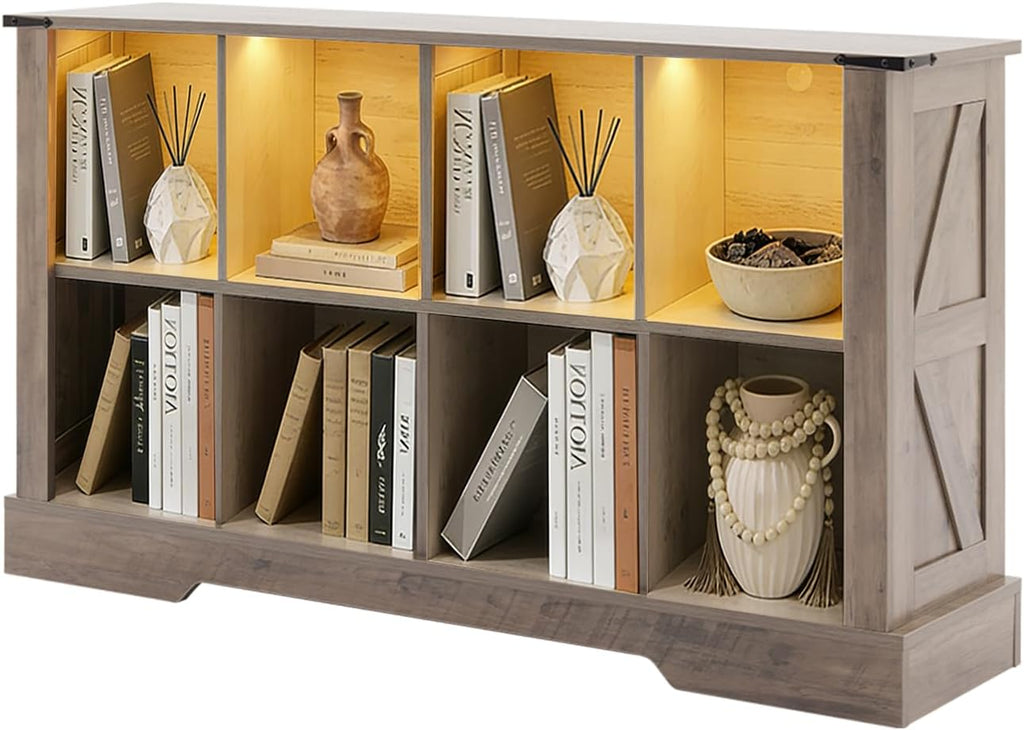 8 Cube Storage Organizer, Wood Cube Bookshelf with LED Lights, Horizontal Storage Cubes, Kids Bookshelf, Display Cabinet Cubby Shelf for Living Room Home Office Bedroom，Grey