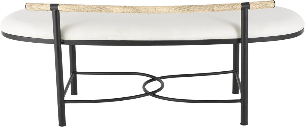 Deco 79 Metal Abstract Home Bench Upholstered Oval Entryway Bench with Black Metal Frame and Rope Rod Backrest, Bedroom Bench 60' x 23' x 24', White