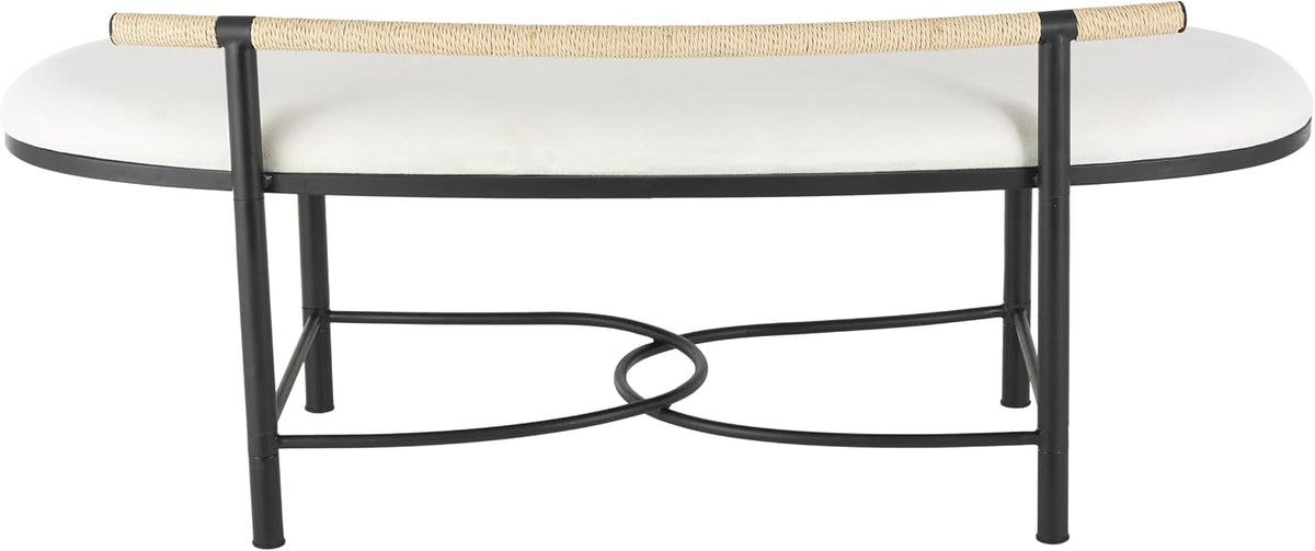 Deco 79 Metal Abstract Home Bench Upholstered Oval Entryway Bench with Black Metal Frame and Rope Rod Backrest, Bedroom Bench 60' x 23' x 24', White