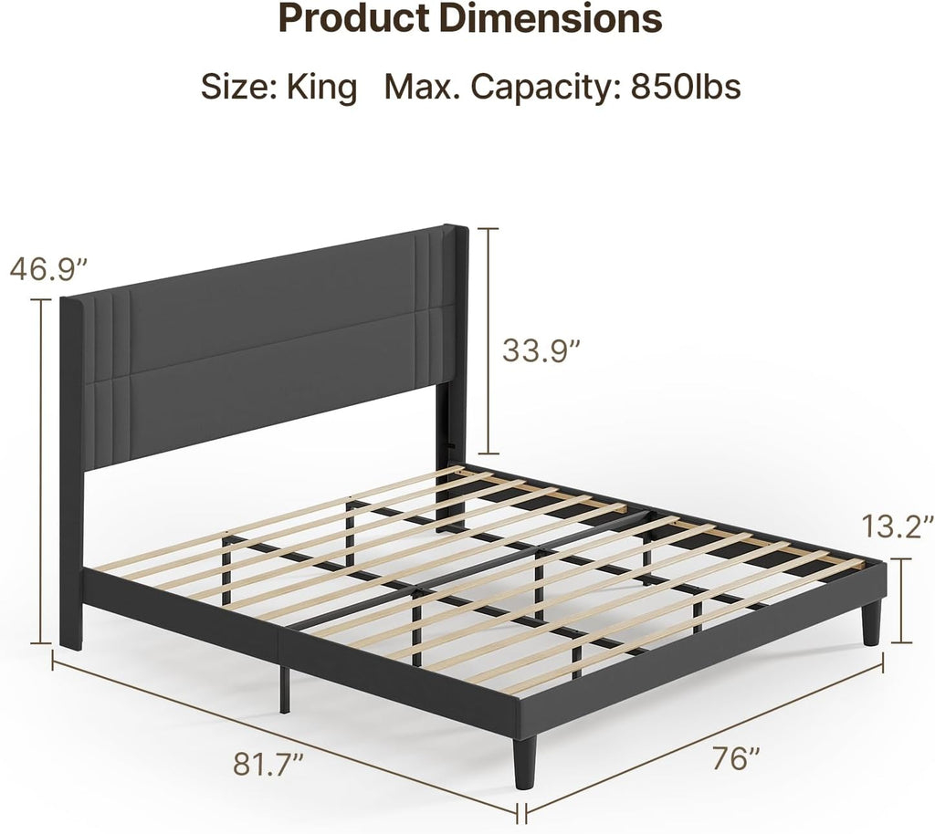 Gizoon King Bed Frame with Wingback Headboard, Upholstered Platform Bed with Modern Geometric Headboard, Wooden Slats, Noise-Free, No Box Spring Needed