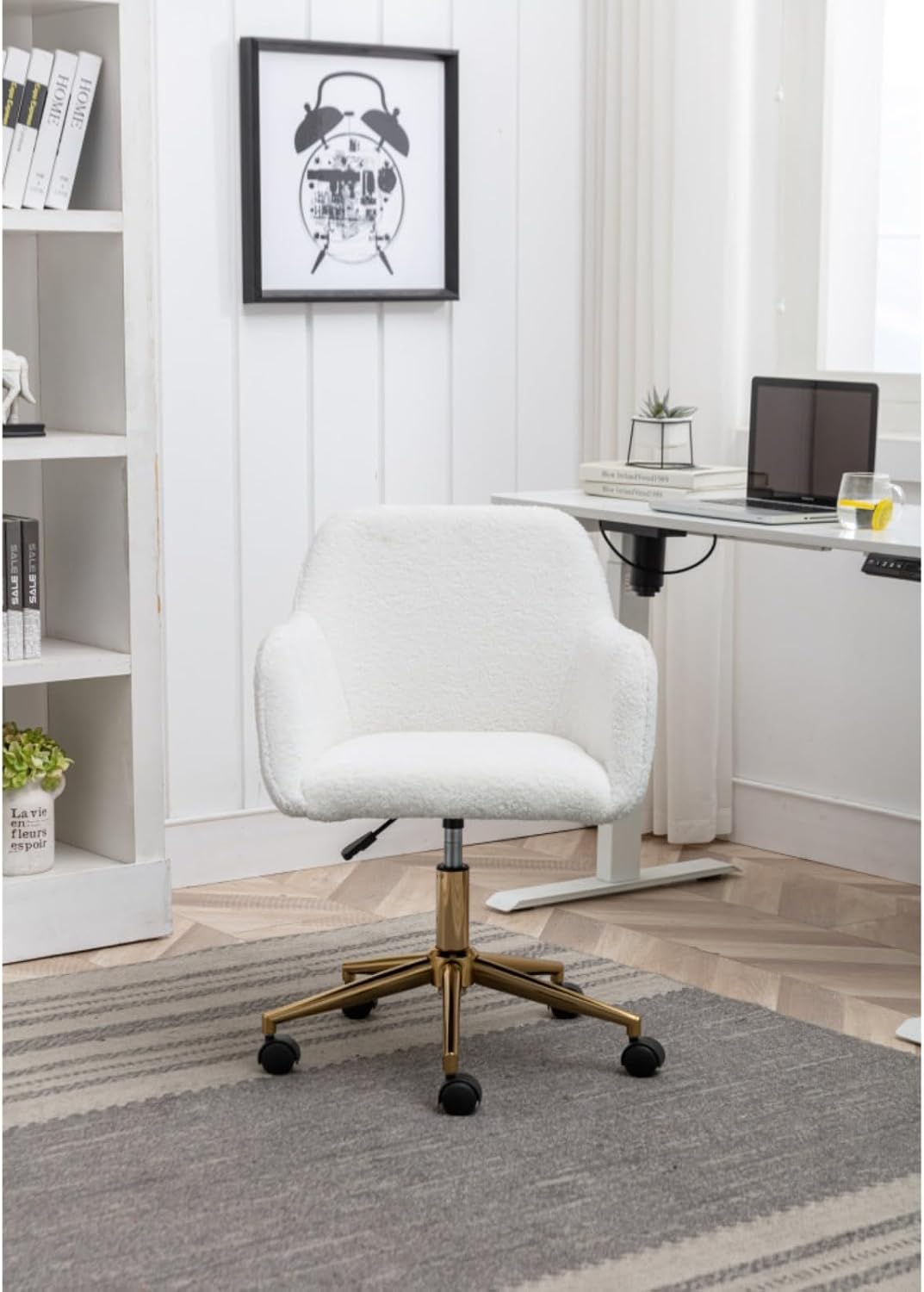 Hassyee Modern Teddy Fabric Material Adjustable Height 360 Revolving Home Office Chair with Gold Metal Legs and Universal Wheel for Indoor (White)