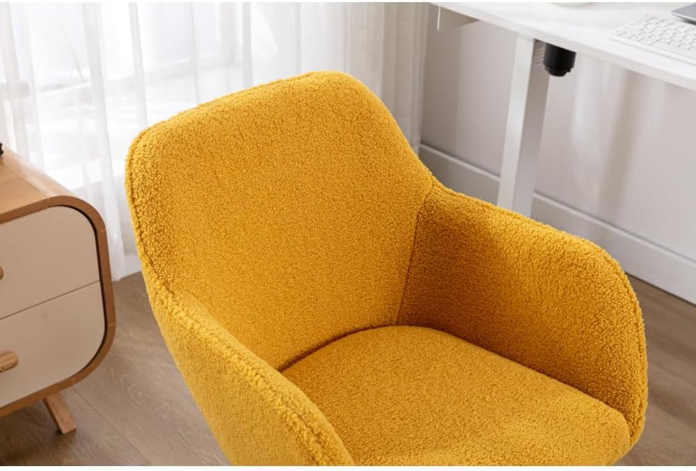 Plush Teddy Fabric Ergonomic Office Chair with Adjustable Height, 360-Degree Swivel Base, and Smooth-Rolling Casters for Home or Workspace (Yellow Teddy + Upholstered + Foam)