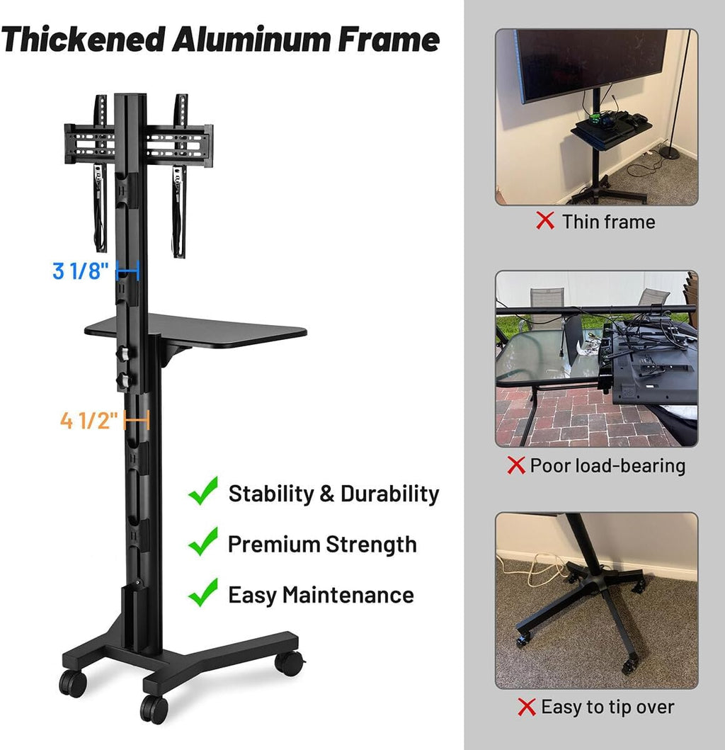 AW NexusX Presenter Medical Mobile TV Stand on Wheels Aluminum Heavy Duty with Laptop Shelf for 32 to 65 Inch LCD LED Screen TVs Dental Clinics Hospital
