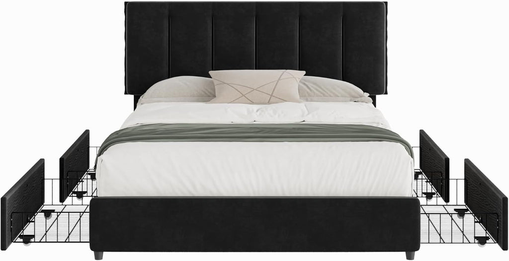 VECELO Full Size Bed Frame with 4 Storage Drawers, Adjustable Height Headboard, Heavy-Duty Platform Bedframe with Strong Wooden Slats, No Box Spring Needed, Black