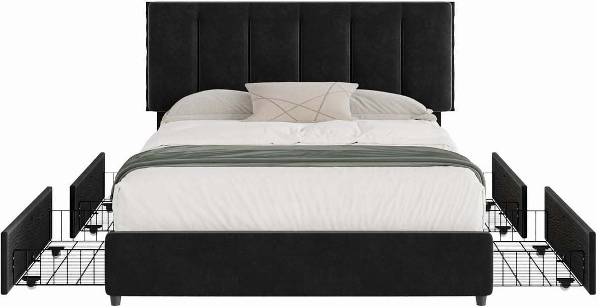 VECELO Full Size Bed Frame with 4 Storage Drawers, Adjustable Height Headboard, Heavy-Duty Platform Bedframe with Strong Wooden Slats, No Box Spring Needed, Black