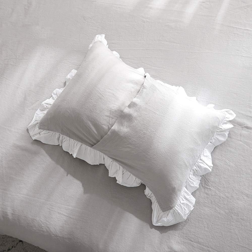 Simple&Opulence 100% Linen Duvet Cover Set (88'x92') Floral Flax Queen Size, Shabby Chic Ruffle Edge Lace Insert Decoration, 3 Pcs Farmhouse Bedding-1 Comforter Cover 1 Pillow Shams, Floral Grey