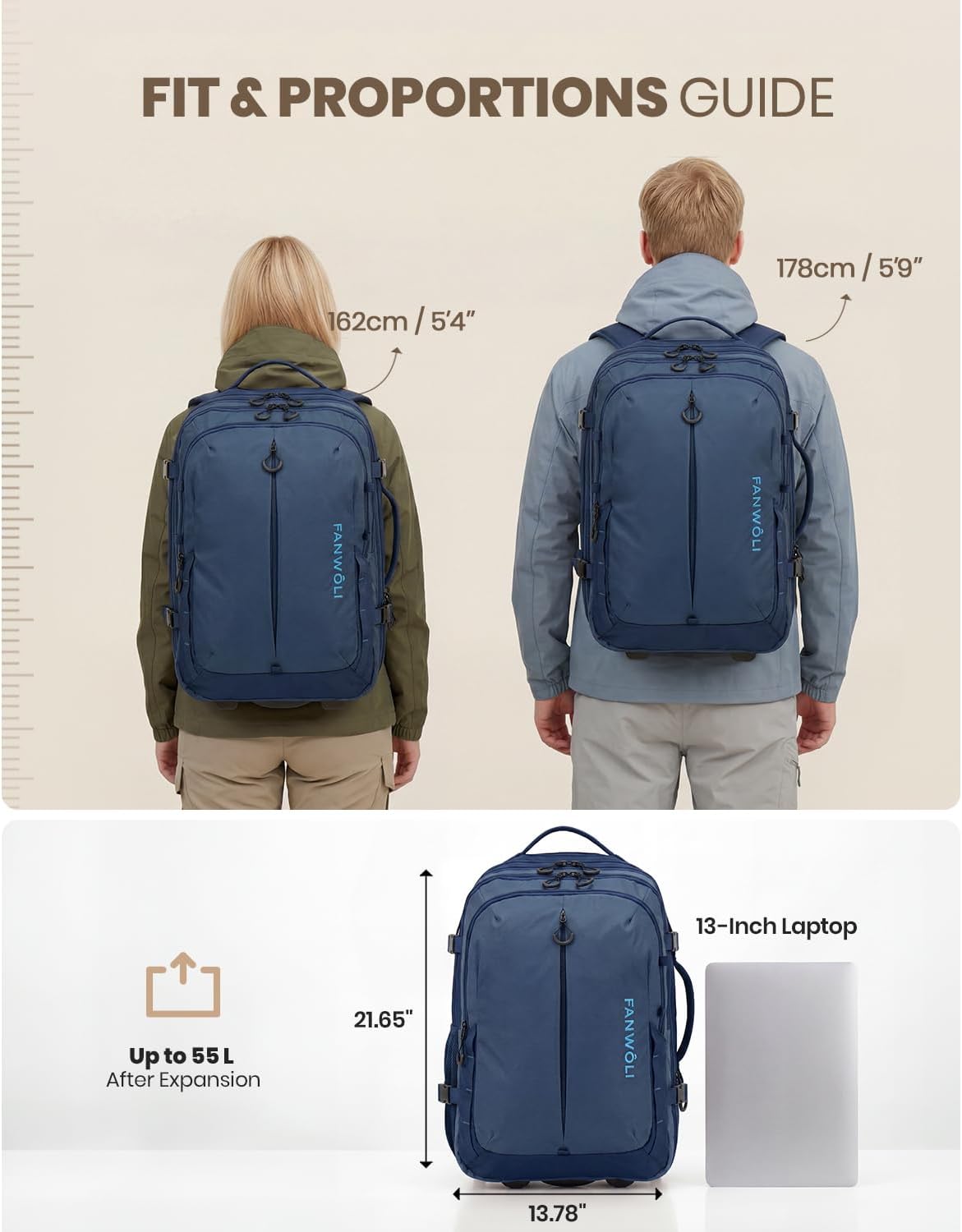 Fanwoli Rolling Vacuum Backpack Travel with One-Button Compression, 55L Expandable, Water Resistant Carry-On Suitcase Luggage, Ideal for Outdoor/Family/Trips