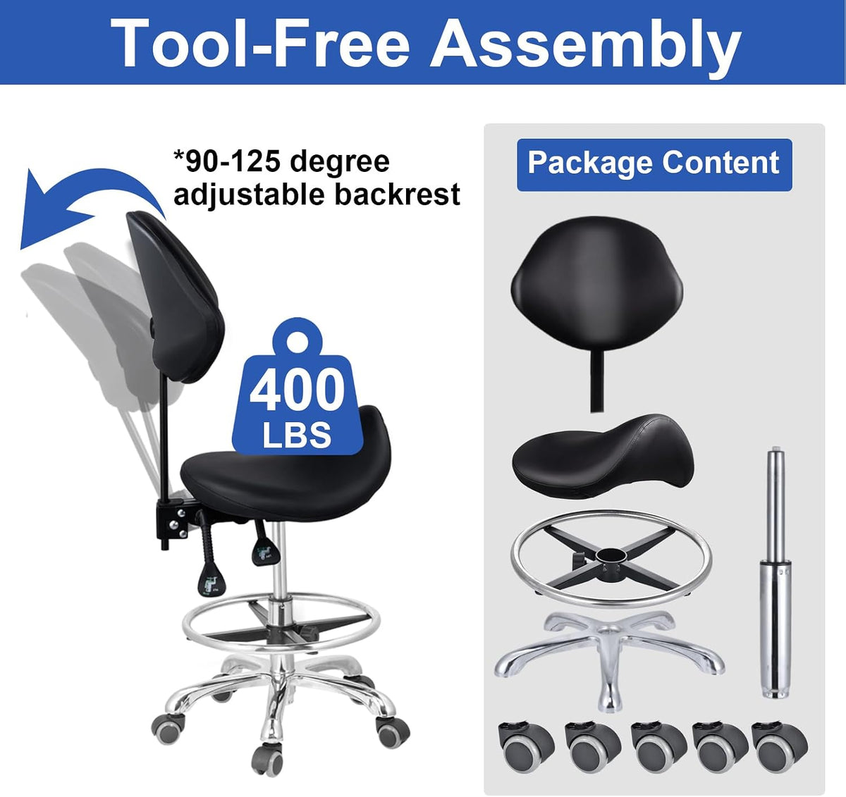 Upgraded Saddle Stool with Back Support, 400lbs Saddle Chair - Back Adjustable Salon Stool with Wheels and Footrest, Swivel, Widened Thick Seat Padding for Home Office Clinic Dentist(Black)