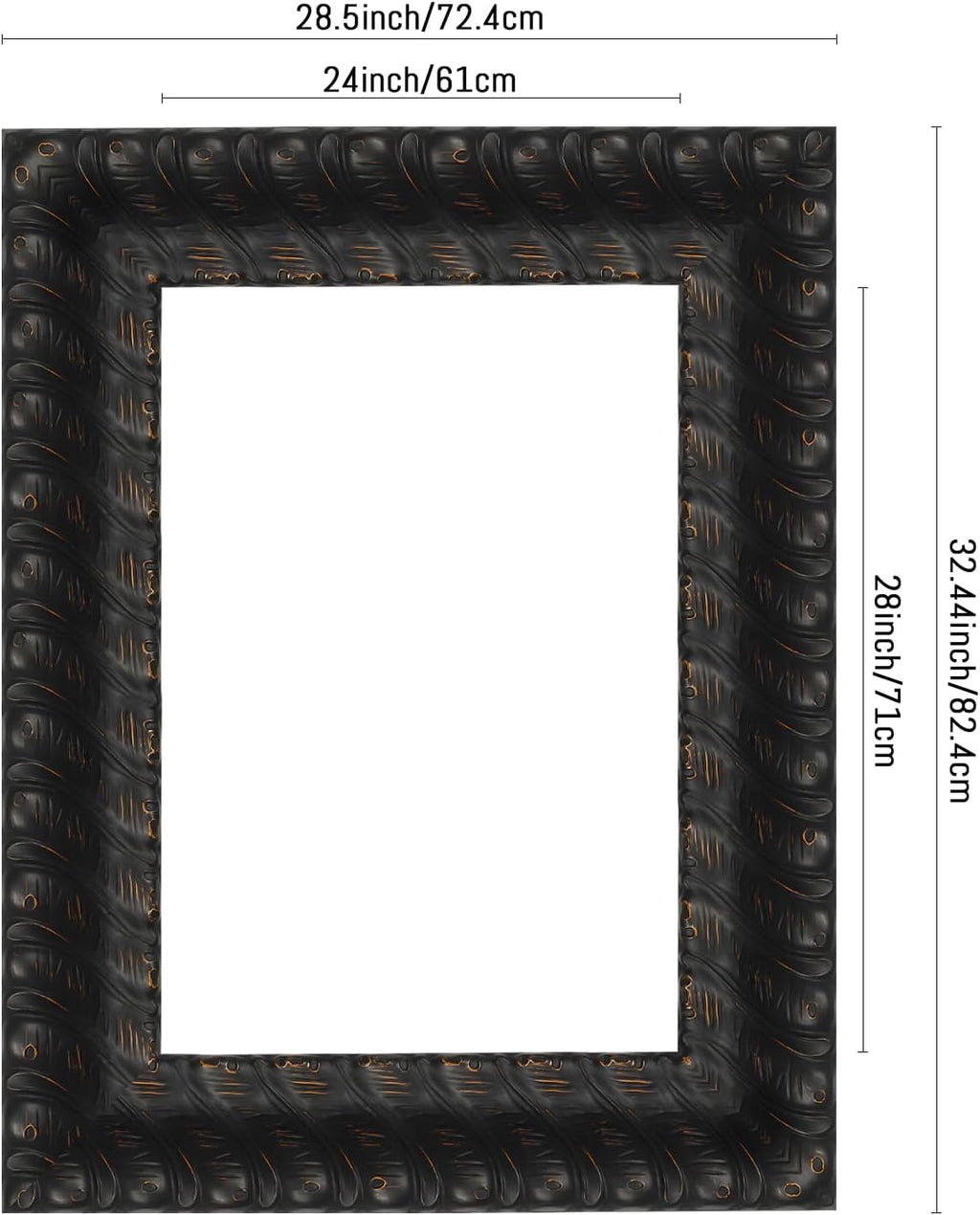 Hand-Carved Antique Black Solid Wood Picture Frame 24x28 Inch | Vintage-Style Wall Art for Galleries, Living Rooms & Offices | Durable Rustic DIY Decor Frame with Timeless Design(Only Frame)