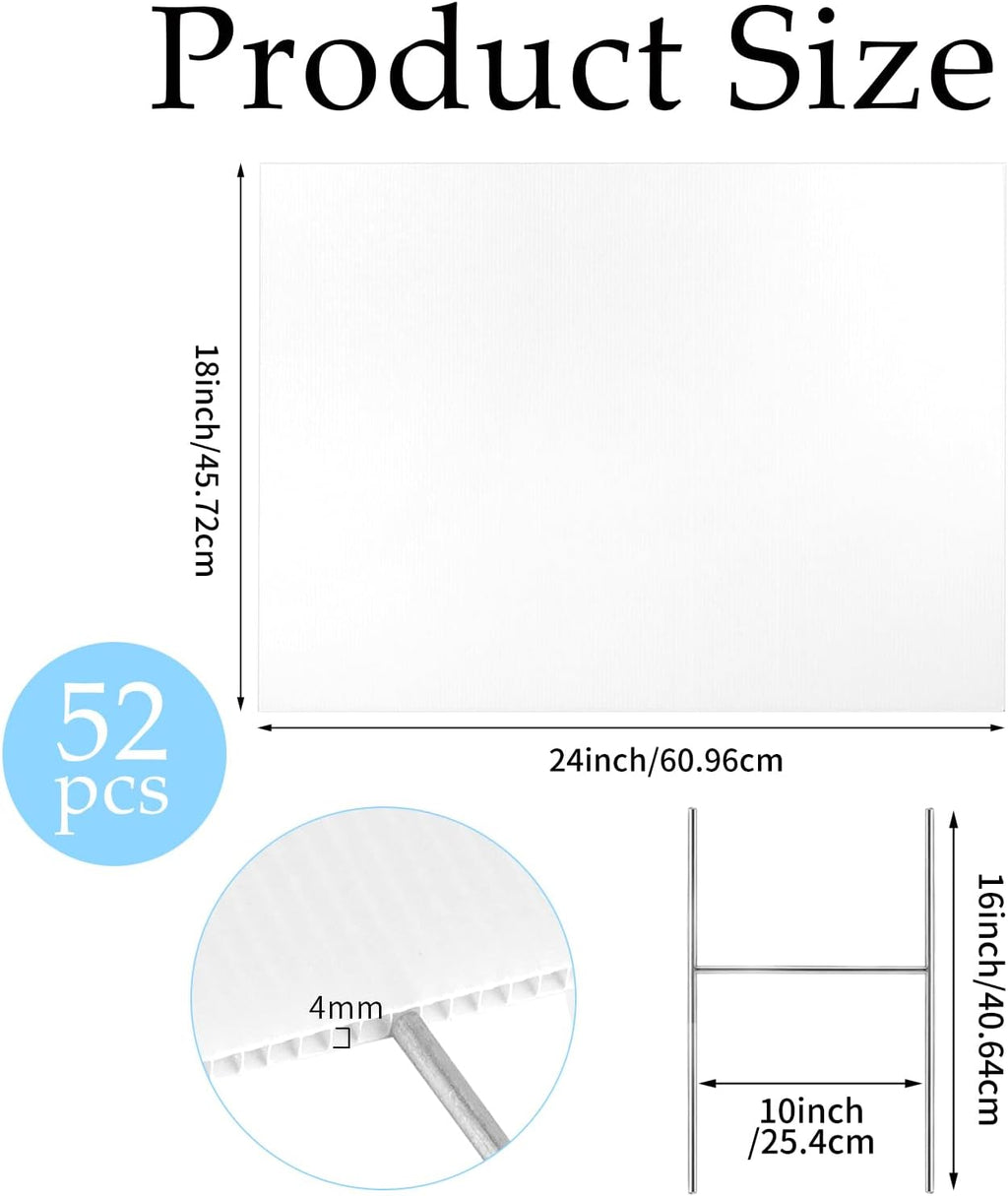 52 Pcs 18 x 24 Inches Large Blank Yard Signs White Corrugated Plastic Kit with 52 Metal H Stakes 10 x 16 Inches and 52 Lawn Signs for Garage Rent Business Campaign