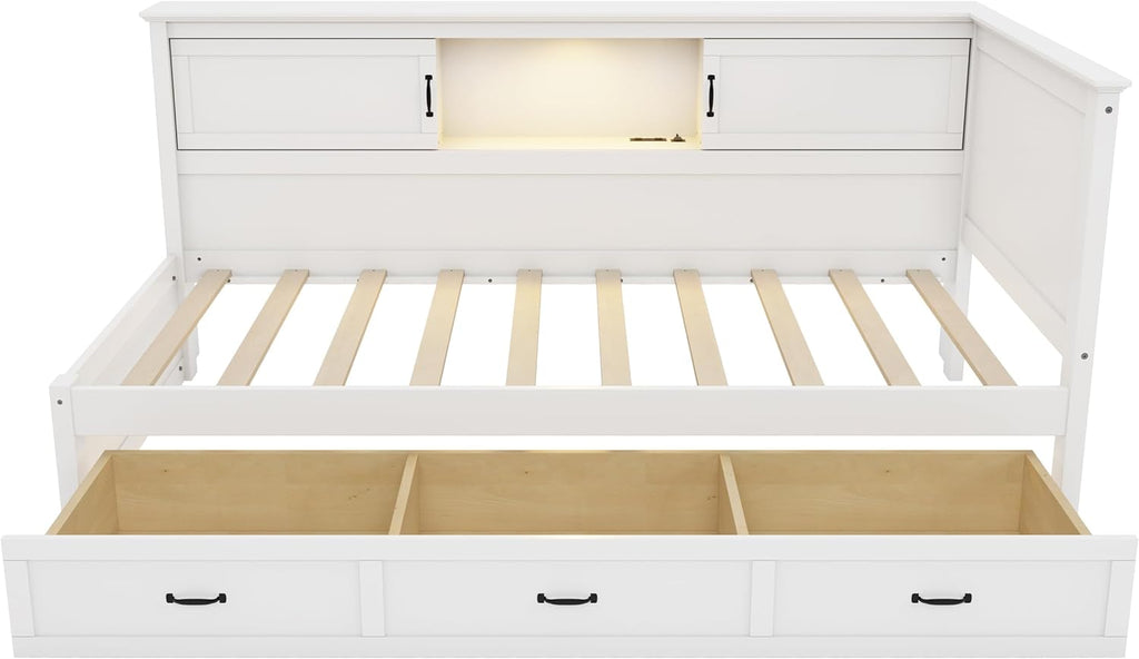 Merax Corner Bed Frame with Storage Bookcase and LED Lights,Twin Platform Bed Frame with Headboard and Charging Station, Twin Daybed with Storage Drawer, Pure White