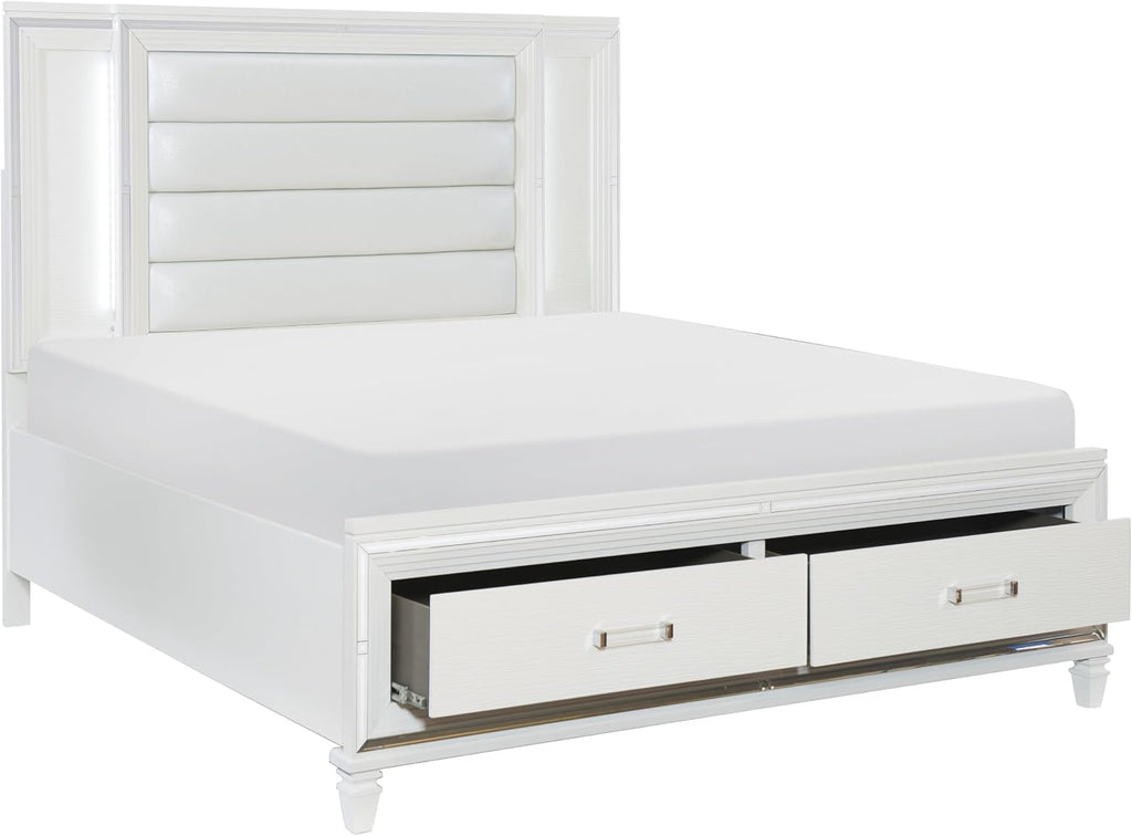 3pc LED Light Bedroom Set King Size Platform Bed Upholstered Headboard White Finish Wooden Furniture