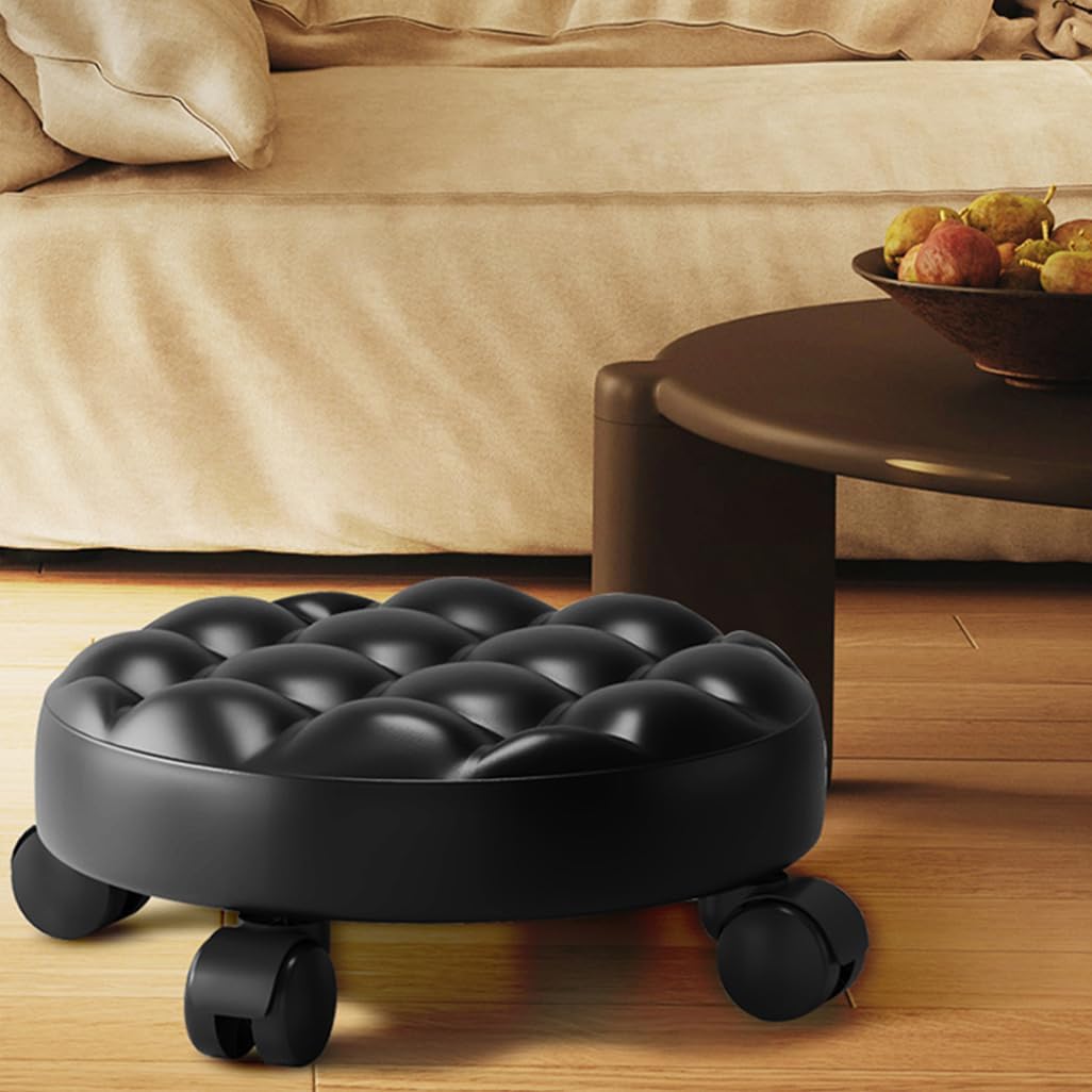 Heavy-Duty Low Roller Stool with 360° Swivel Wheels, Ottoman Footstool, Low-Height Short Rolling Stool Seat, PU Leather Small Mechanic Chair, Rolling Stools for Garage, Shop, Library red